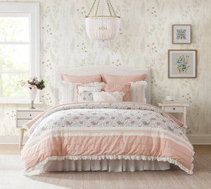 English Elm 9 Piece Cotton Percale Comforter Set In Blush King - Elegant Shabby-Chic Design With Decorative Accents B03597158