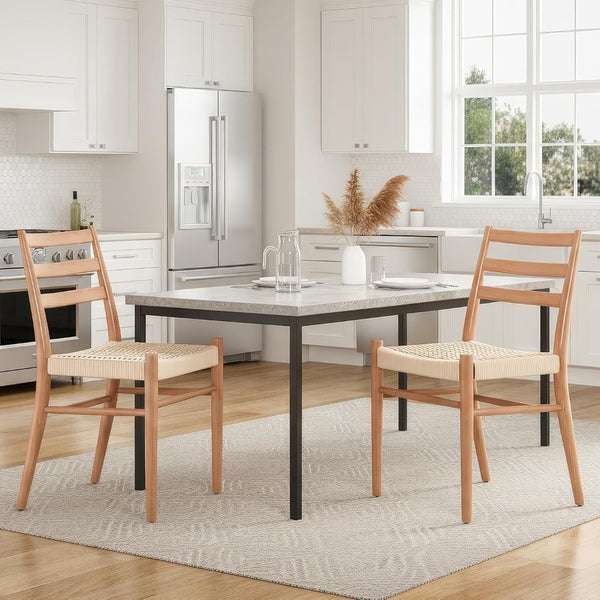 English Elm Dining Chairs with Handwoven Rope Seats and Iron Frame Mid Century Modern Set of 2 Beige,Natural T3623P438623