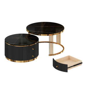 English Elm Modern Round Nesting Coffee Table Set with Gold Pedestal Legs and Storage Drawers Black N735P349323B