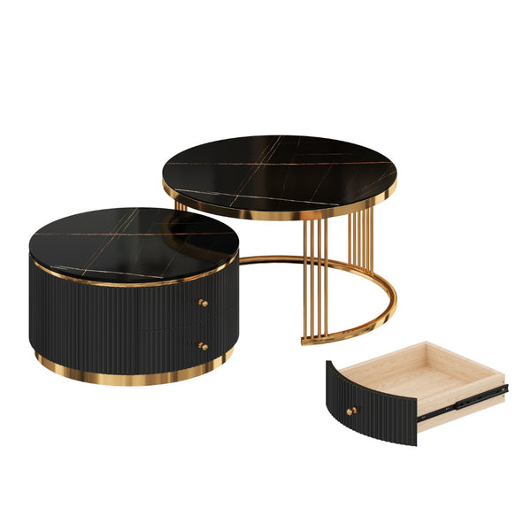 English Elm Modern Round Nesting Coffee Table Set with Gold Pedestal Legs and Storage Drawers Black N735P349323B