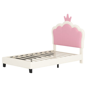 English Elm Twin Platform Bed Upholstered Crown Headboard Storybook Style for Girls Bedroom Cream N733P180807K