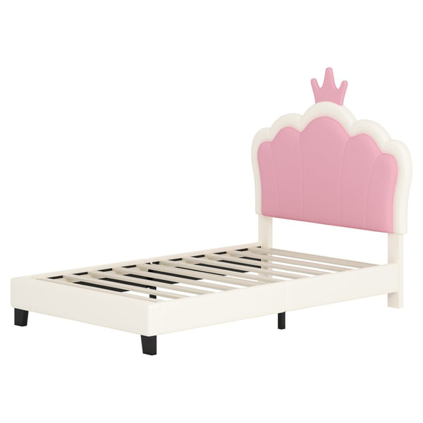 English Elm Twin Platform Bed Upholstered Crown Headboard Storybook Style for Girls Bedroom Cream N733P180807K