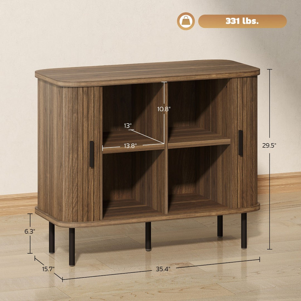 English Elm Storage Sideboard with Tambour Slatted Doors Walnut Finish and Black Metal Legs T3971P390804