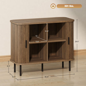 English Elm Storage Sideboard with Tambour Slatted Doors Walnut Finish and Black Metal Legs T3971P390804