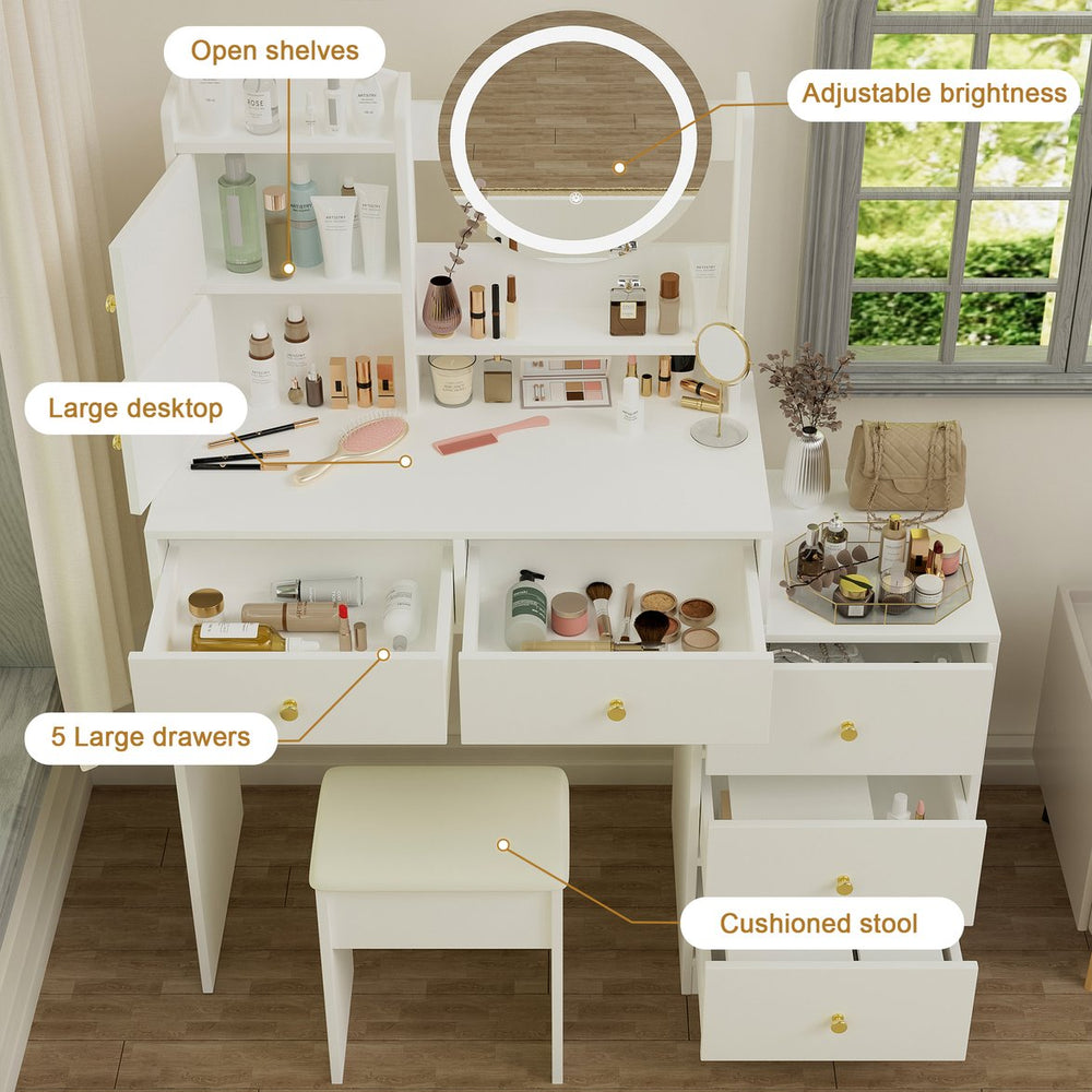 English Elm Fashion Vanity Desk With Adjustable Led Mirror, Cushioned Chair & Ample Storage For Effortless Beauty W2699P214617