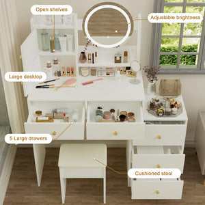 English Elm Fashion Vanity Desk With Adjustable Led Mirror, Cushioned Chair & Ample Storage For Effortless Beauty W2699P214617