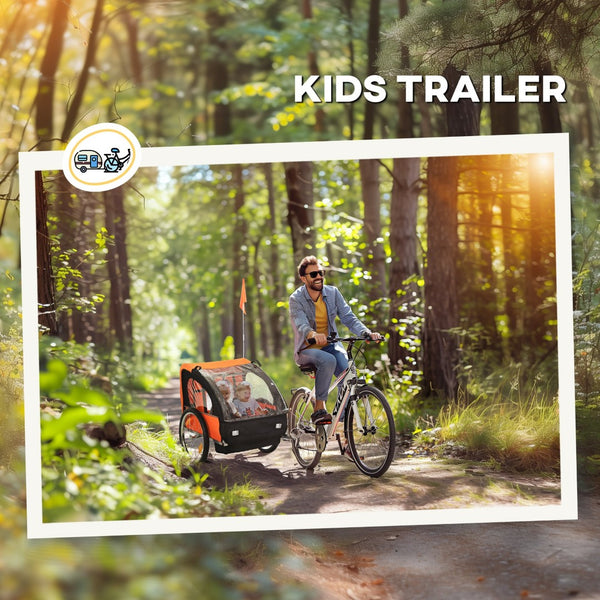 English Elm Aosom Two Seat Kids Bike Trailer Steel Frame with Safety Harness and Mesh Windows W2225P229089