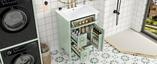 English Elm 24-Inch Bathroom Vanity with Sink, Solid Wood & MDF, Ceramic Top, Gold Handles, Flip Drawer Design Green N725P350824F