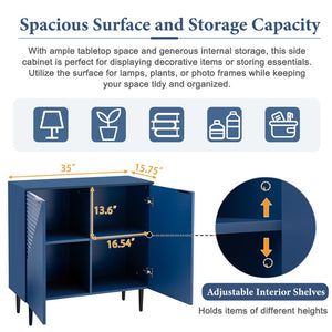 English Elm Mirod Lacquered Side Cabinet Geometric Door Panels Metal Legs Adjustable Interior Shelves Navy Blue N760P221050M