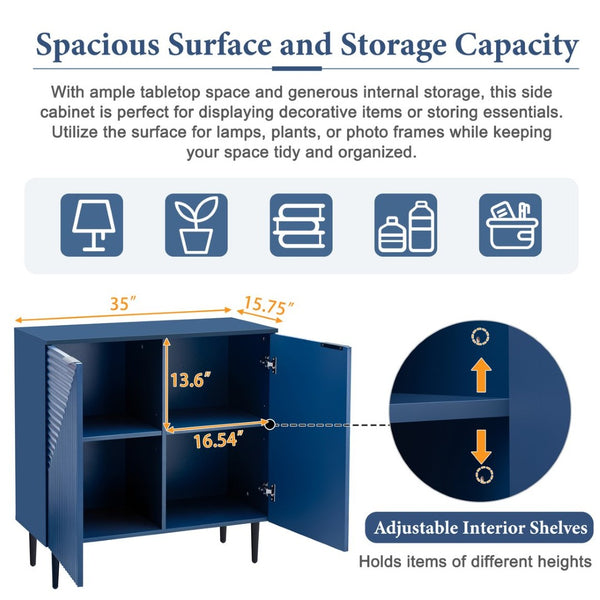 English Elm Mirod Lacquered Side Cabinet Geometric Door Panels Metal Legs Adjustable Interior Shelves Navy Blue N760P221050M