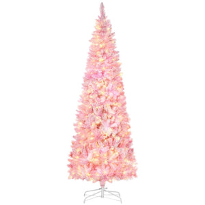 English Elm Homcom Snow Flocked Pink Pencil Christmas Tree Warm Led Lights Slim Festive Decor W2225P229399