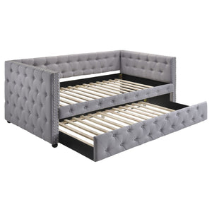 English Elm Cross Creek Tufted Grey Fabric Twin Daybed with Trundle for Guest Rooms B062S01615