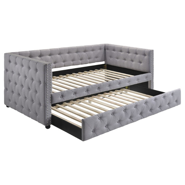 English Elm Cross Creek Tufted Grey Fabric Twin Daybed with Trundle for Guest Rooms B062S01615