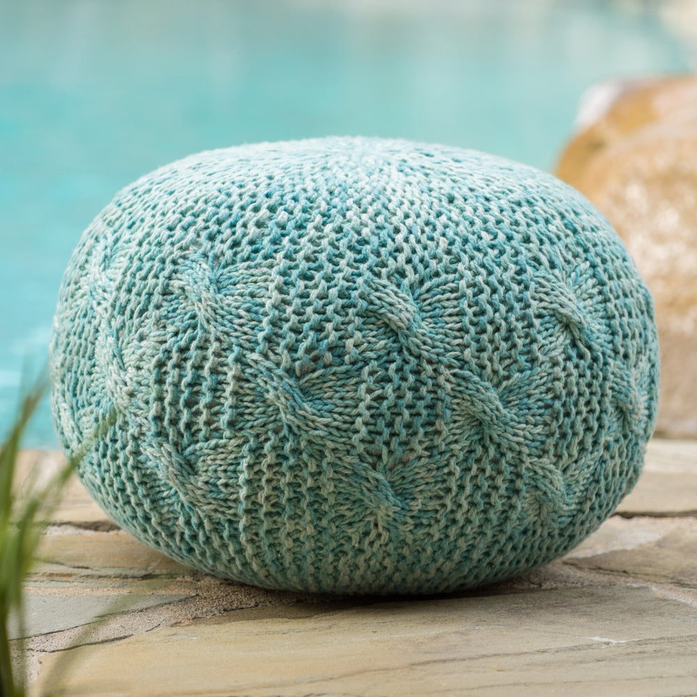 English Elm Christopher Knight Home® - Deon Handcrafted Knitted PET Yarn Round Pouf 20x20x14 in Aqua — Cozy Modern Footrest & Extra Seating 60496.00