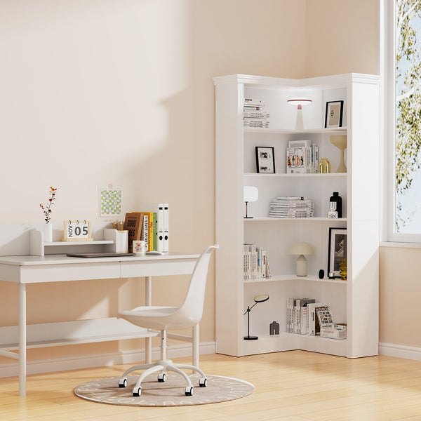 English Elm Corner 5-Tier Bookshelf White MDF – Space-Saving Corner Storage, Sturdy Durable Design for Home Study W3062P289213