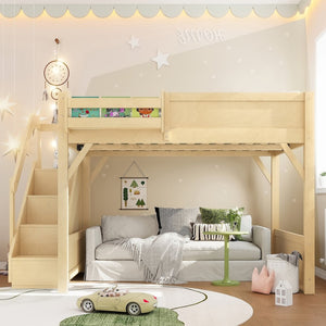 English Elm Twin Low Loft Bed Solid Pine Frame Kids Study Desk Blackboard Storage White Natural W1580S00549