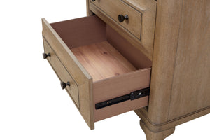 English Elm Queen Sand Canopy Bedroom Set with USB Nightstand, Cedar/Felt Drawers, Metal Accents & Mirror B2699S00058