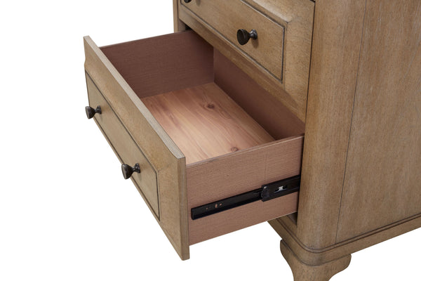 English Elm Queen Sand Canopy Bedroom Set with USB Nightstand, Cedar/Felt Drawers, Metal Accents & Mirror B2699S00058