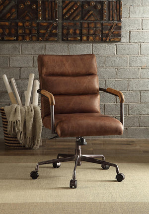 English Elm Harith Retro Brown Top Grain Leather Executive Office Chair with High Back, Pneumatic Lift, Swivel B2726P256669