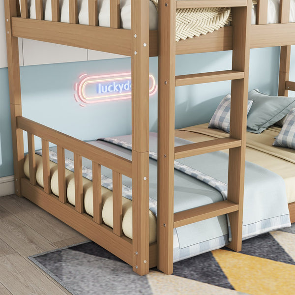 English Elm Twin Triple Rubberwood Bunk Bed with Ladders & Guardrails, Space-Saving Modular Design for Families White Oak W504S00172