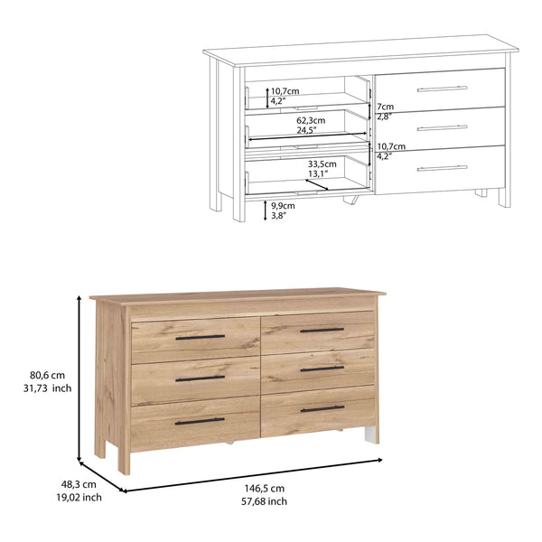 English Elm Double Six-Drawer Dresser with Metal Gliders and Pulls, Engineered Wood, Compact 31.7" Height Multicolor 35 L x 22 W x 7 H B097S00135