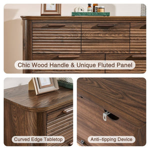 English Elm Fluted Wave Panel 7 Drawer Mdf Dresser Modern Bedroom Storage with Tv Stand Top Walnut T5326P425096