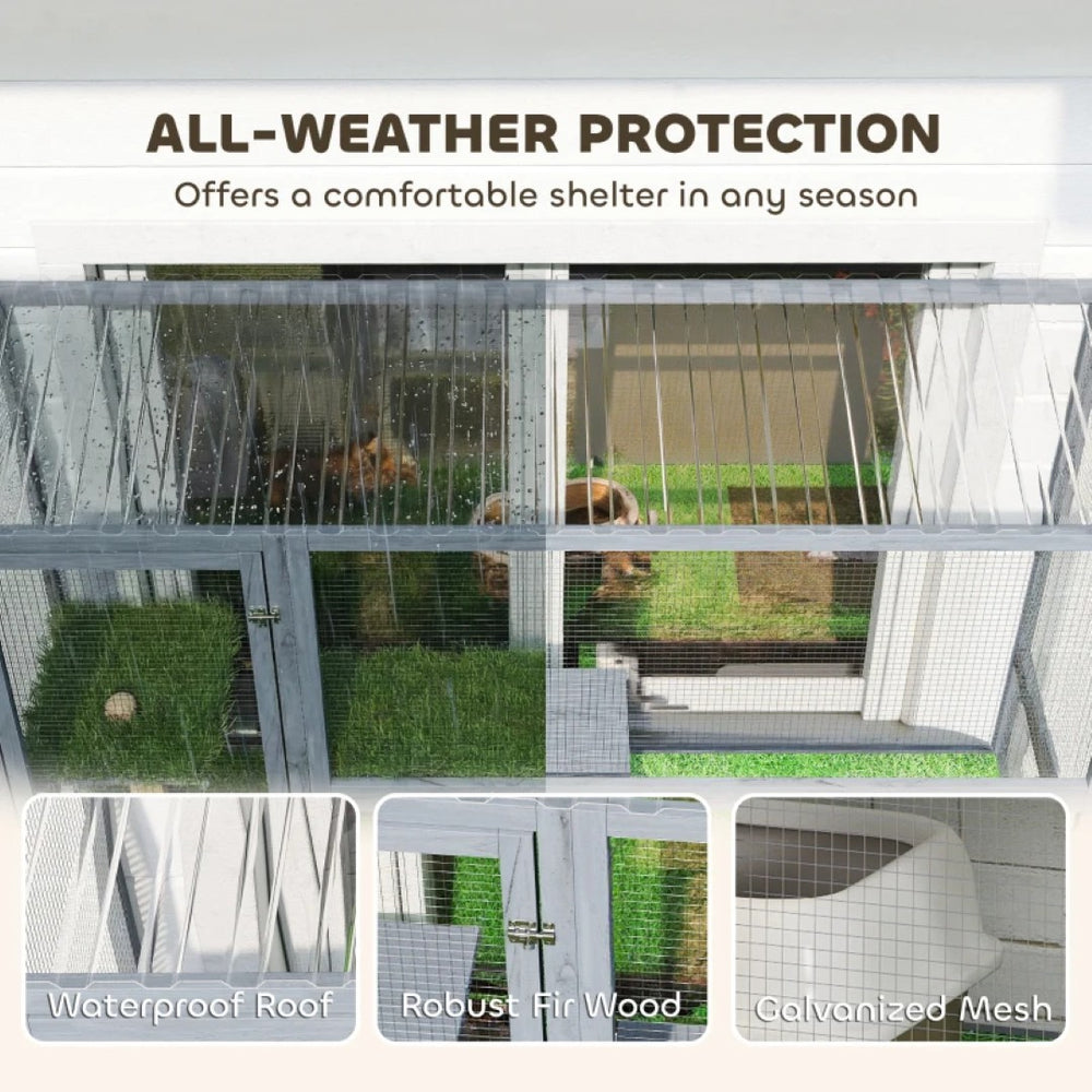 English Elm Wall-mounted Fir Wood Cat Enclosure with Dual Levels Mesh Panels and Waterproof Roof T3971P502078