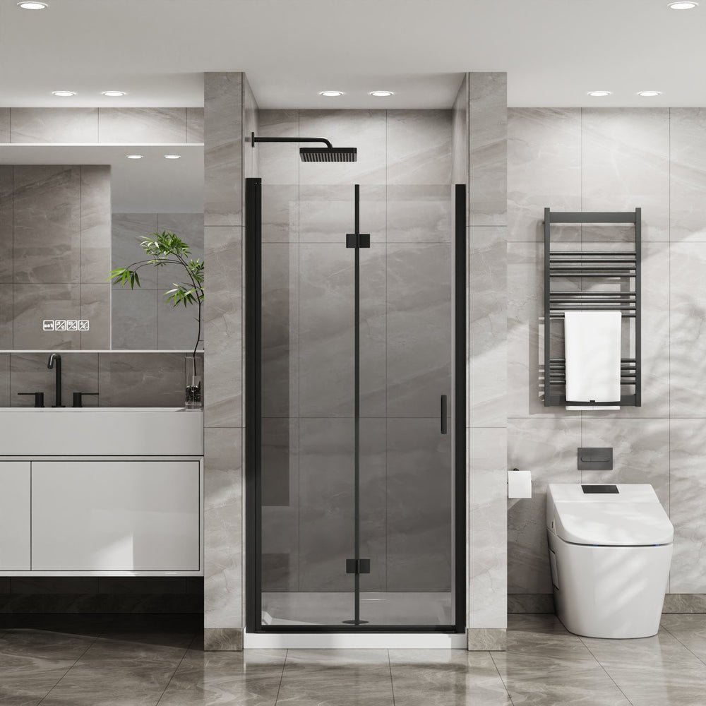 English Elm Goodyo 34"X72" Frameless Bi-Fold Glass Shower Door Combo With White Acrylic Base & Black Finish W1223S00022