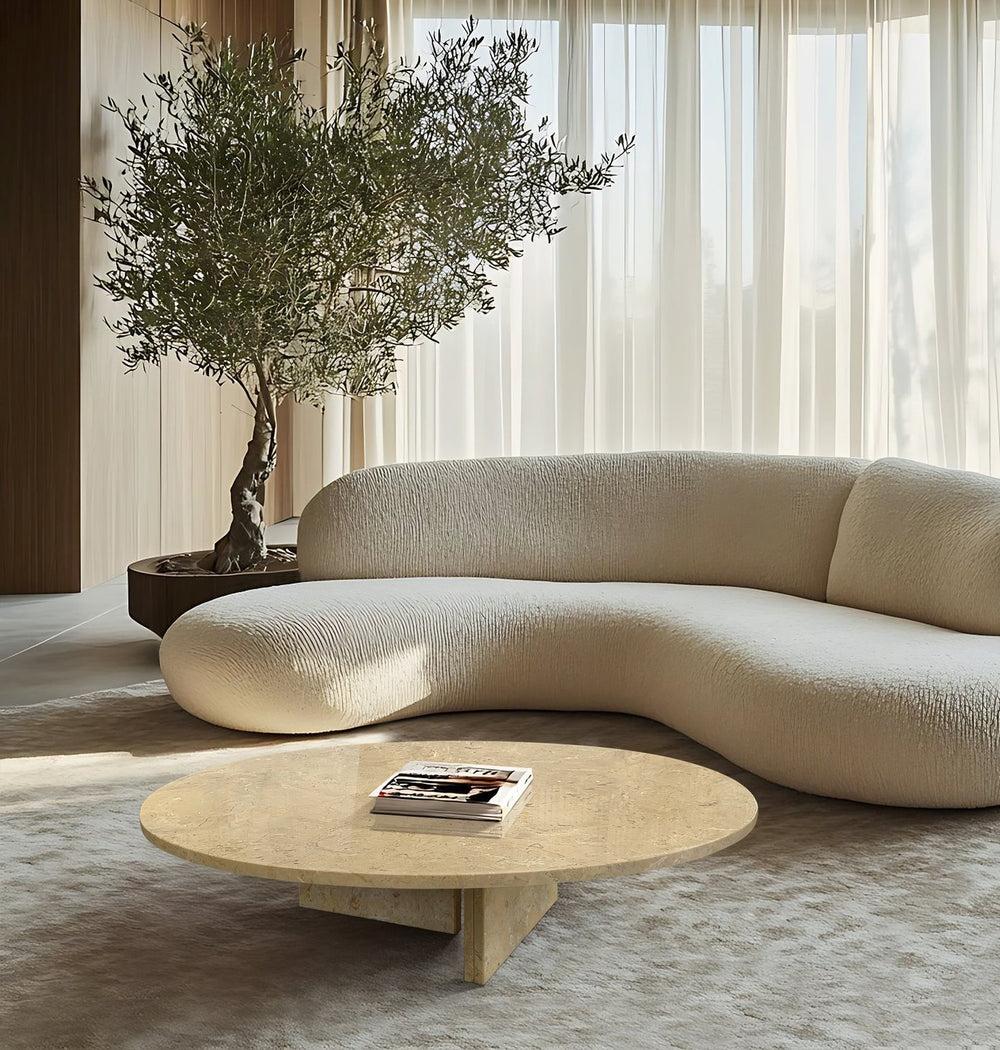 English Elm Glod Yellow Beige Marble Coffee Table - Handcrafted Luxury Design, Modern Minimalist 90Cm Centerpiece W1696P262767