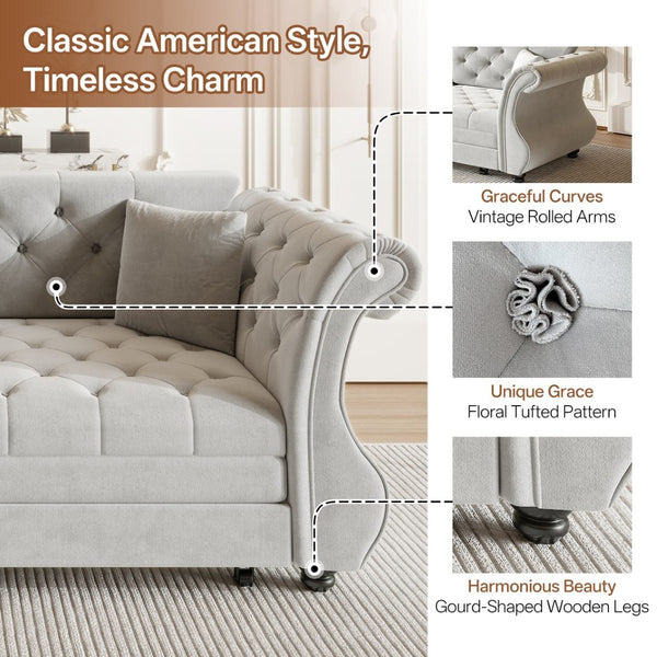 English Elm 83.8" Chesterfield Sleeper Sofa Velvet Upholstered with Flower Tufting for Living Room Light Grey W1885S00401