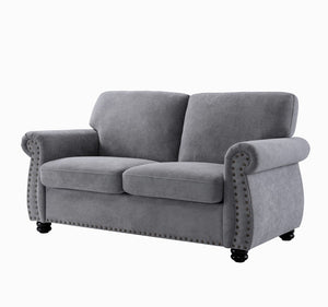 English Elm Soft Velvet Upholstered Loveseat with Turned Wood Legs Nailhead Trim Mid-century Style Grey B2735P292311