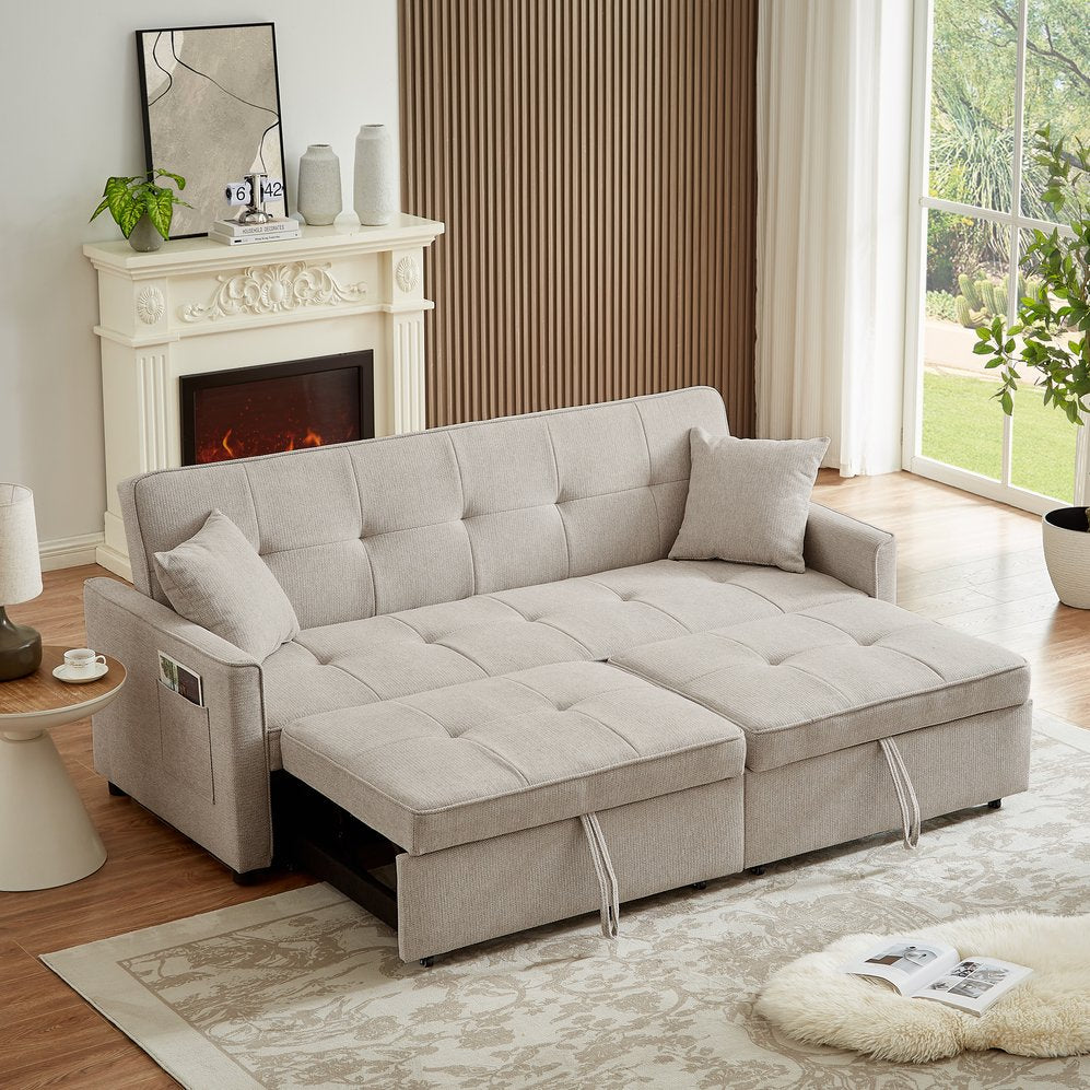 English Elm 3 Convertible Sleeper Sofa Bed with Pull-Out Chaise, Storage Armrests & Pockets, Compact Loveseat Couch Beige W2318P265839
