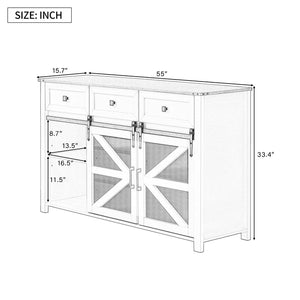 English Elm U_style Industrial Sideboard with Sliding Barn Doors Iron Mesh Panels and Three Drawers White N711P347384K