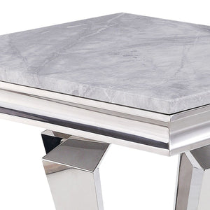 English Elm Light Light Grey and Silver End Table Cultured Marble Top Stainless Steel Frame Modern Luxe Centerpiece B062S00458