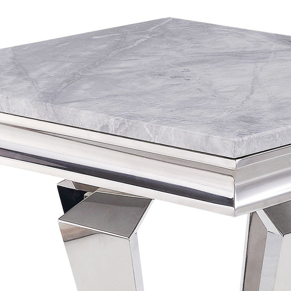English Elm Light Light Grey and Silver End Table Cultured Marble Top Stainless Steel Frame Modern Luxe Centerpiece B062S00458