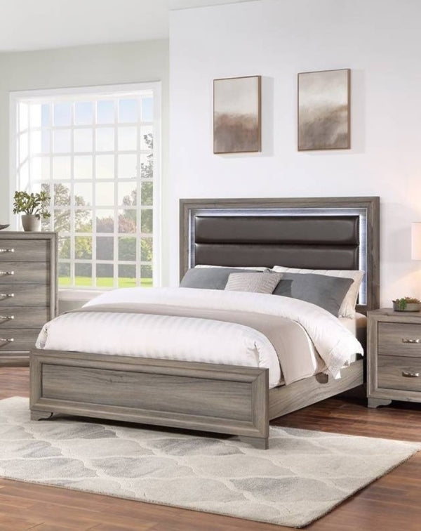 English Elm Elegant Eastern King Platform Bed Espresso Leather Tufted Headboard with Led Lighting B011S02110