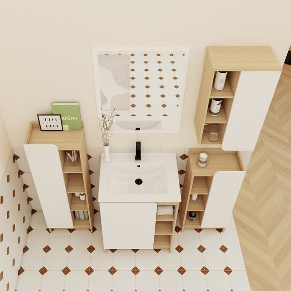English Elm 4-piece Light Oak Bathroom Set with Ceramic Sink and Dual-tone Storage Cabinets W3450S00112