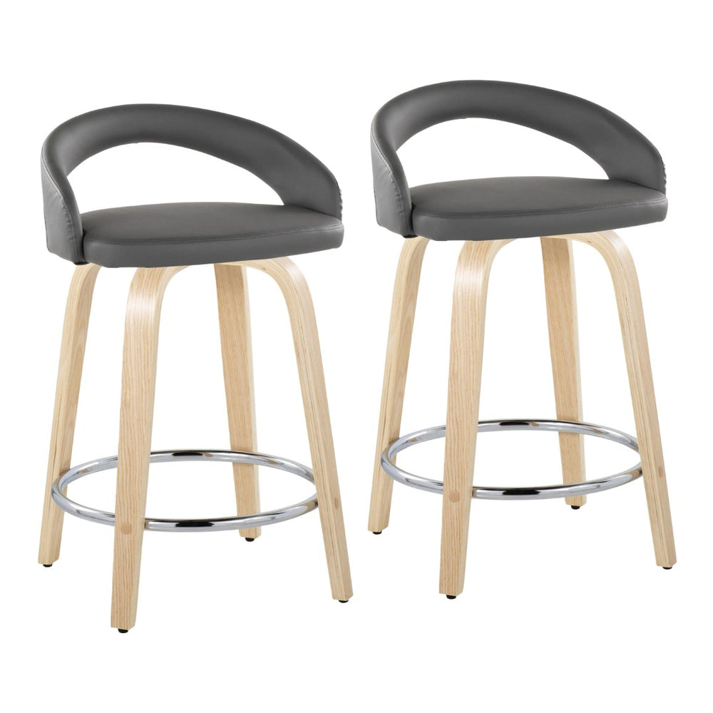 English Elm Fixed-height Swivel Counterstools Natural Wood Frame Grey Faux Leather Chrome Footrest Pair B202S01757