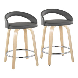 English Elm Fixed-height Swivel Counterstools Natural Wood Frame Grey Faux Leather Chrome Footrest Pair B202S01757