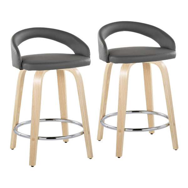 English Elm Fixed-height Swivel Counterstools Natural Wood Frame Grey Faux Leather Chrome Footrest Pair B202S01757