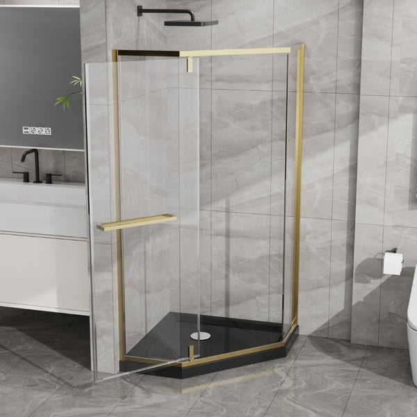English Elm Goodyo Neo-angle Corner Shower Enclosure Gold Frame Tempered Glass with Black Base W1223S00043