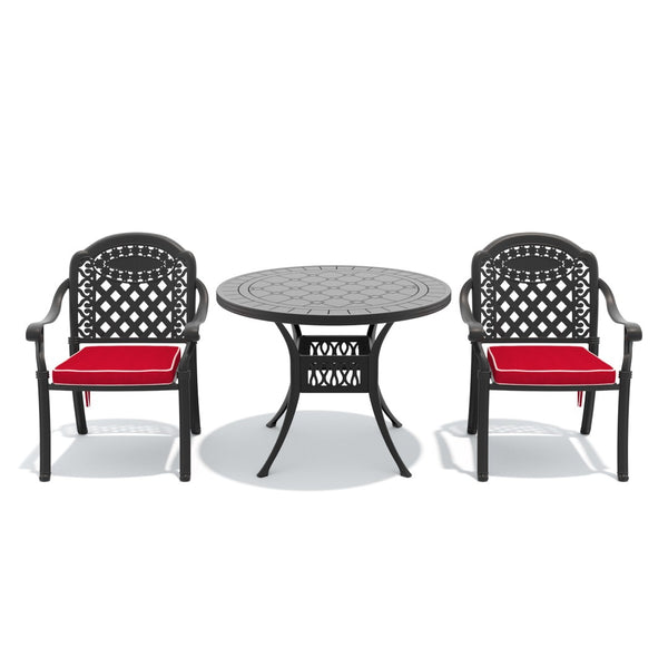 English Elm 3-piece Cast Aluminum Bistro Set Ornate Carved Outdoor Patio Dining with Cushions W1710S00630