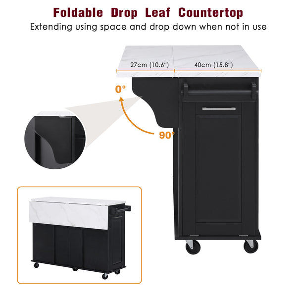English Elm K&K Vintage Convex Kitchen Island Cart with Faux Marble Top, Tilt Trash, Pull-Out Organizer, Wheels Black N707P299008B