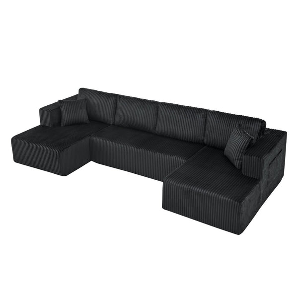 English Elm 132" U-shaped Modular Corduroy Sectional with Deep Foam Cushions for Living Room Black W5802S00001