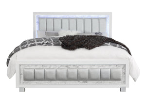 English Elm SKYE Luxurious Marble-Accented King Bed with Padded LED Headboard, Solid Wood Frame, Panel Design White 82.09 L x 40.55 W x 5.71 H B201S00117