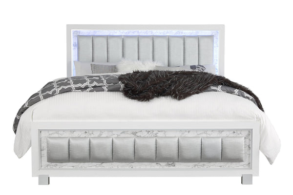 English Elm SKYE Luxurious Marble-Accented King Bed with Padded LED Headboard, Solid Wood Frame, Panel Design White 82.09 L x 40.55 W x 5.71 H B201S00117
