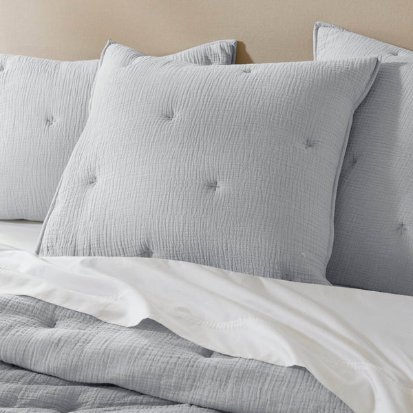 English Elm 3-piece Cotton Muslin Quilt Set Crinkled Texture Embroidered Tacking Breathable Bedding Blue B035P408345