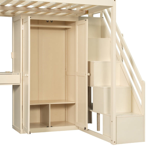 English Elm Full Size Loft Bed with Wardrobe Dressing Mirror Usb Ports and Teen Room Storage LT000276AAA