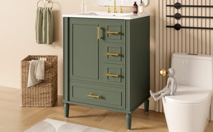 English Elm 24" Olive Bathroom Vanity Solid Wood Frame Ceramic Sink Gold Hardware Soft Close Olive Green N729P373272F