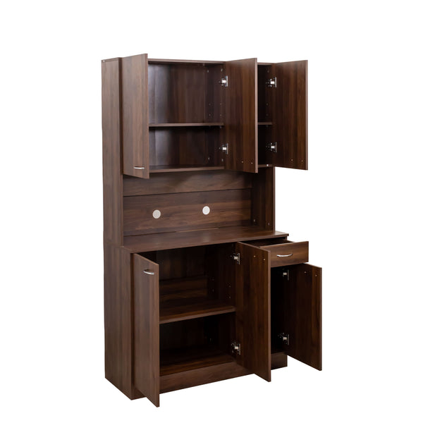 English Elm 70.87" Melamine Wardrobe & Kitchen Cabinet, 6-Door Storage with Drawer & Open Shelf, Walnut Finish, Durable Sturdy Design W331S00172